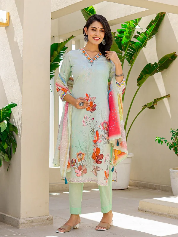 Green Designer Readymade Linen Pant Suit With Digital Printed Work Trendy Work Pants