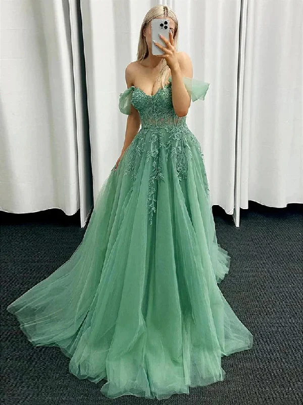 Green Off Shoulder Tulle Prom Dress with Lace Applique, Green Sweetheart Party Dress Chiffon Maxi Beach
