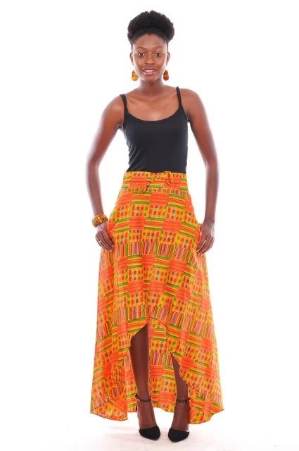 Kente-Print Ruffled High-Low Maxi Skirt-DP3227HL wrap skirt elegant