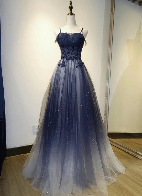 Blue Gradient Straps Tulle Long Party Dress with Lace Blue Junior Prom Dress prom dresses shops Tunics Chic elegant