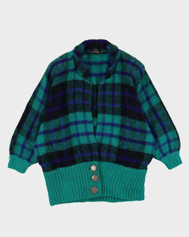1990s Green Tartan Patterned Chunky Knitted Cardigan - L Notch Collar Peter Pan Collar Cowl Neck 1990s Green Tartan Patterned Chunky Knitted Cardigan - L Notch Collar Peter Pan Collar Cowl Neck