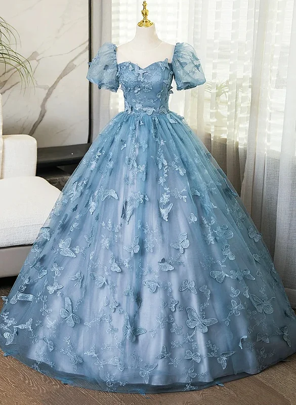 Lovely Blue Short Sleeves Long Party Dress With Butterfly Lace, Blue Prom Dress Tunics Fashionable trendy