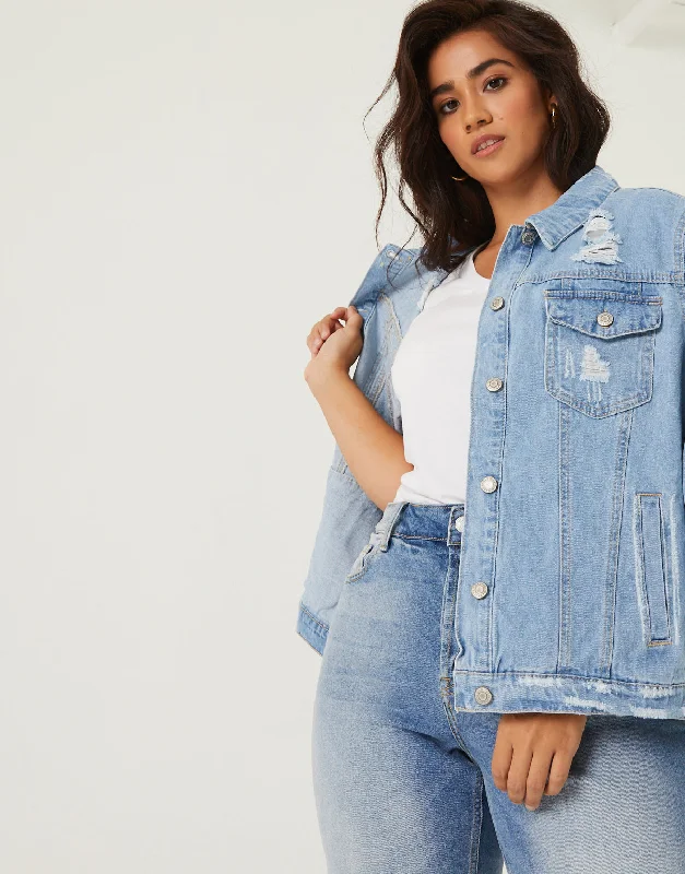 Plus Size Morgan Distressed Denim Jacket Stand-Up Collar Roll-Neck Collar Turtle Neck Plus Size Morgan Distressed Denim Jacket Stand-Up Collar Roll-Neck Collar Turtle Neck