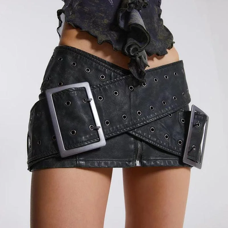 Grunge Cross Belt Faux Leather Mini Skirt modal blend skirt