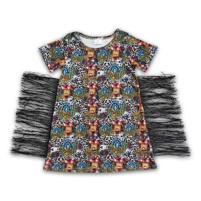Clearance BT0007 Girls bull head leopard sunflower fringe short-sleeved skirt chiffon skirt floaty