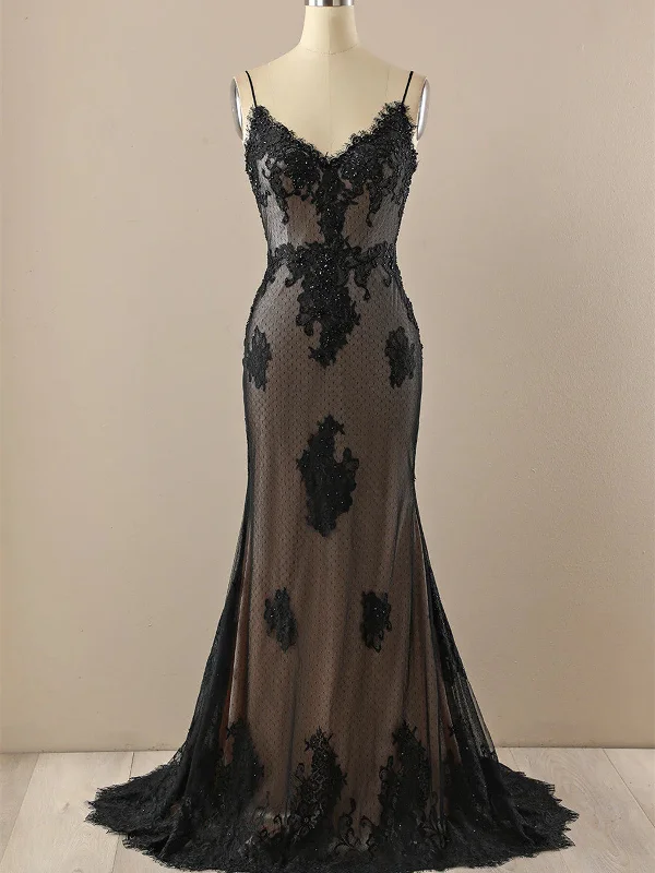 Black Mermaid Lace Straps Evening Dress Party Dress, Black Long Prom Dress Tunics Lace romantic
