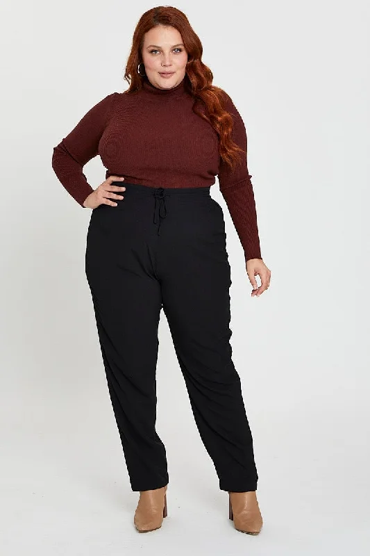 Black Track Pants High Rise Polyester Elastic Waist Classic Stretch Pants