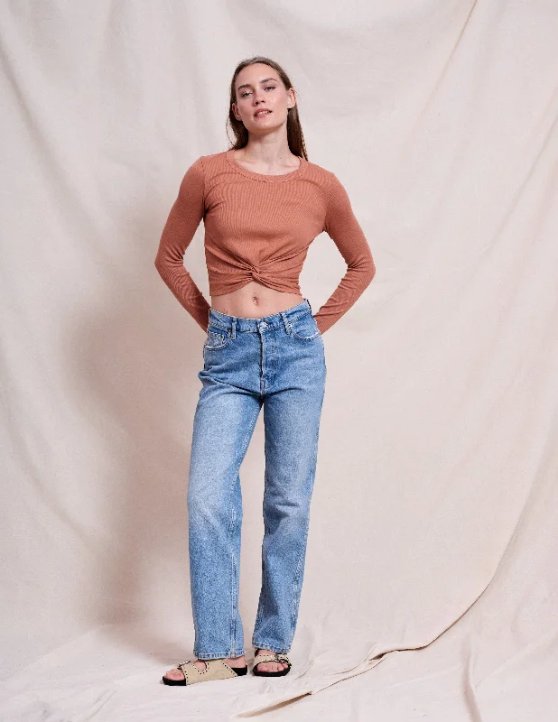 Sundry Front Twist Tee & Side Twist Skirt Set in Vintage Rust linen skirt natural