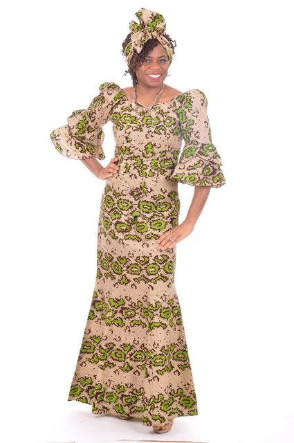 Green Beige Brown African Print Top and Skirt-DP3288 denim skirt classic