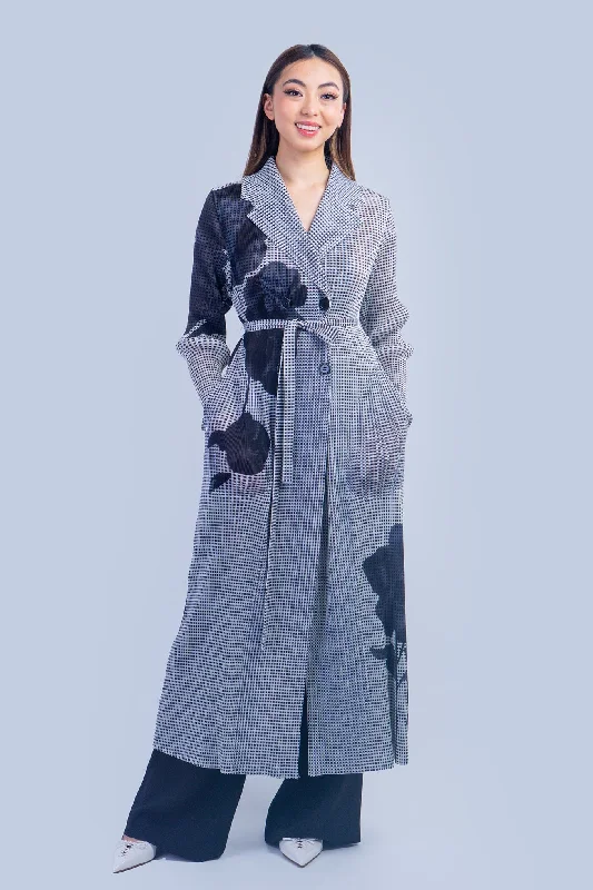 Black & White Floral Pleated Jacket Stand-Up Collar Roll-Neck Collar Turtle Neck