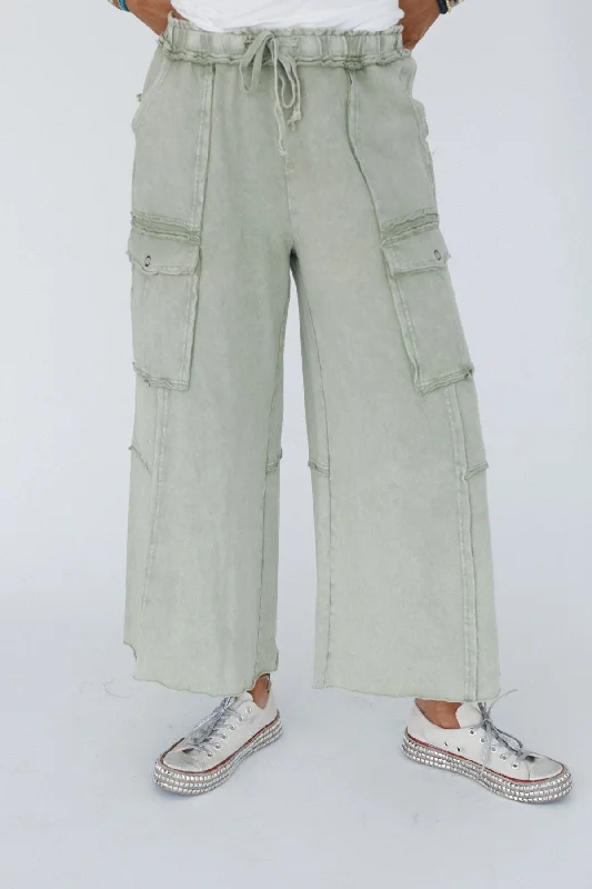 Game On Cargo Wide Leg Pant - Faded Olive Chic Wool Trousers