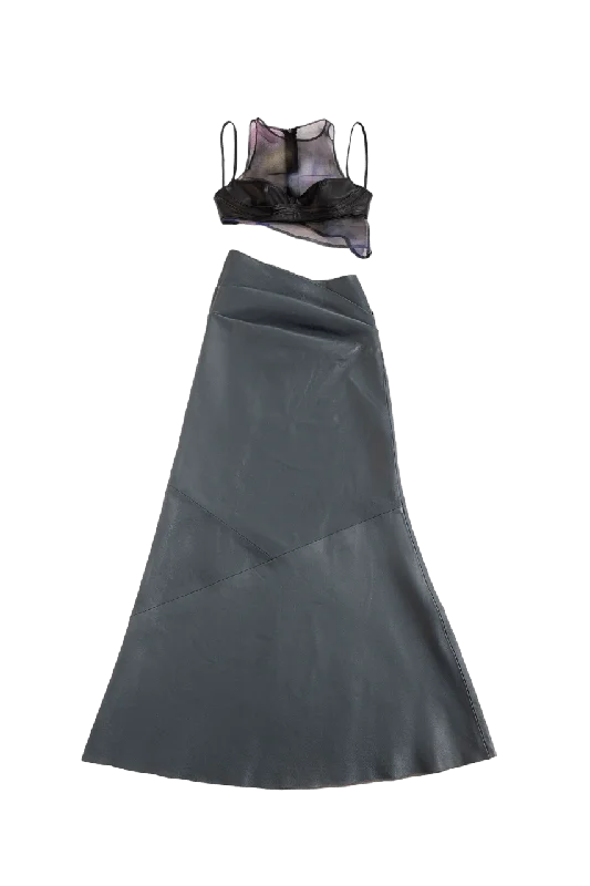 "SERPENTINES GARDEN" PANELED LEATHER SKIRT linen skirt breathable