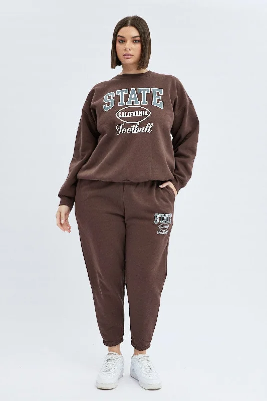 Brown Track Pants High Rise Jogger Casual Wide Pants