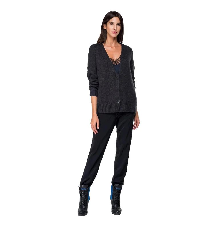 Replay DK6019 Two Button Knitted Cardigan, Black Fleece Cardigan Nylon Polyester