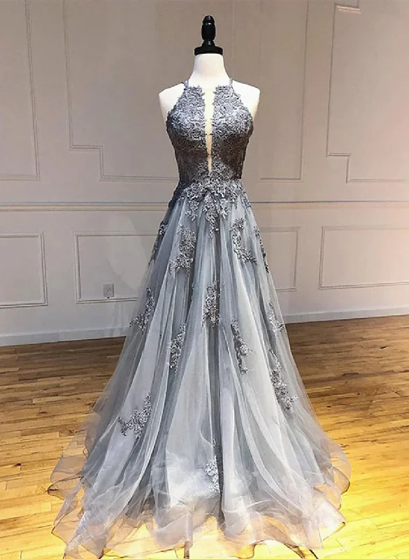 Dark Grey Halter Backless Tulle with Lace Party Dress A-line Grey Formal Dress prom dresses shops A-Line Day Work