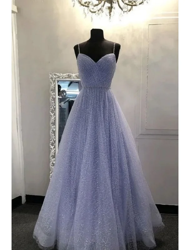A-Line Prom Dresses Sparkle & Shine Dress Party Dress Birthday Floor Length Sleeveless Spaghetti Strap Tulle with Glitter Crystals Tunics Velvet soft