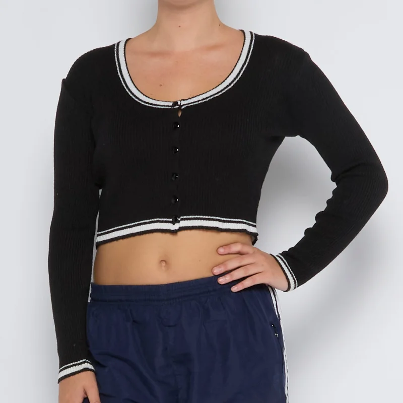 Ribbed Cropped Cardigan - UK 8 Houndstooth Herringbone Solid