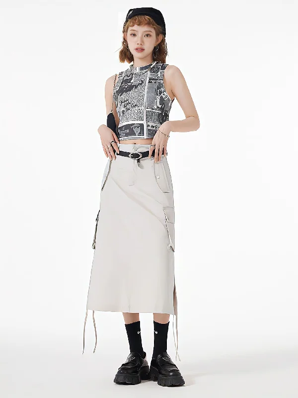 Slit & String Detailed Cargo Midi Skirt high waist skirt