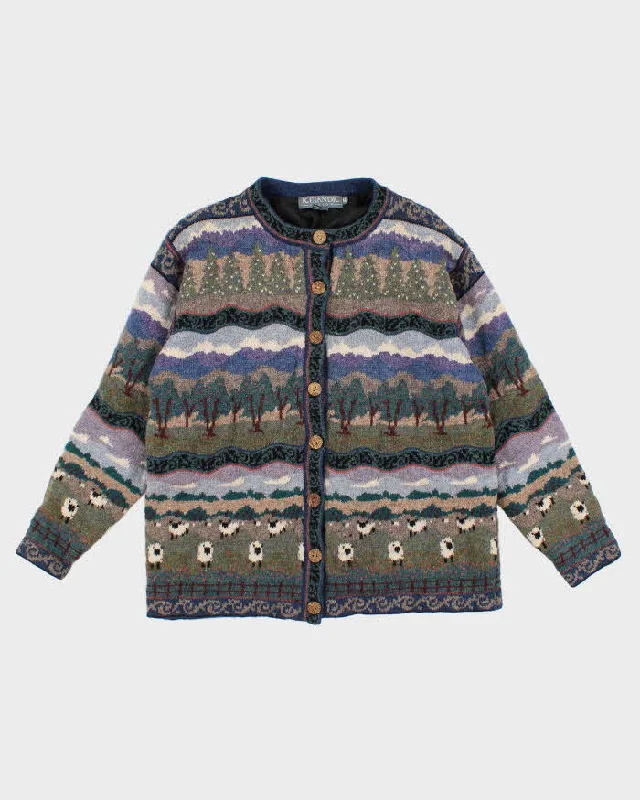 90s Vintage Woman's Icelandic Designs Patterned Knit Wool Cardigan - M Denim Fabric Leather Fabric Suede Fabric