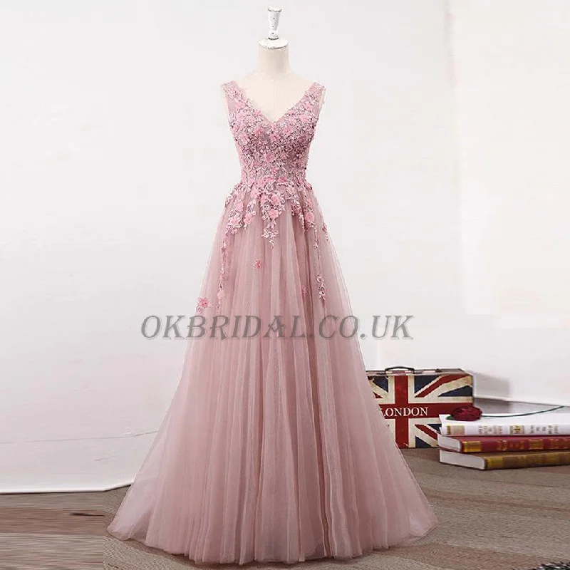 V-Neck Tulle Prom Dress, A-Line Applique Prom Dress, Floor-Length Party Dresses, KX43 Tunics Velvet soft