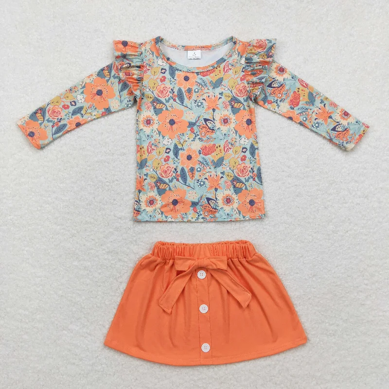 GLD0591 Flower green long sleeve orange skirt set high waist skirt