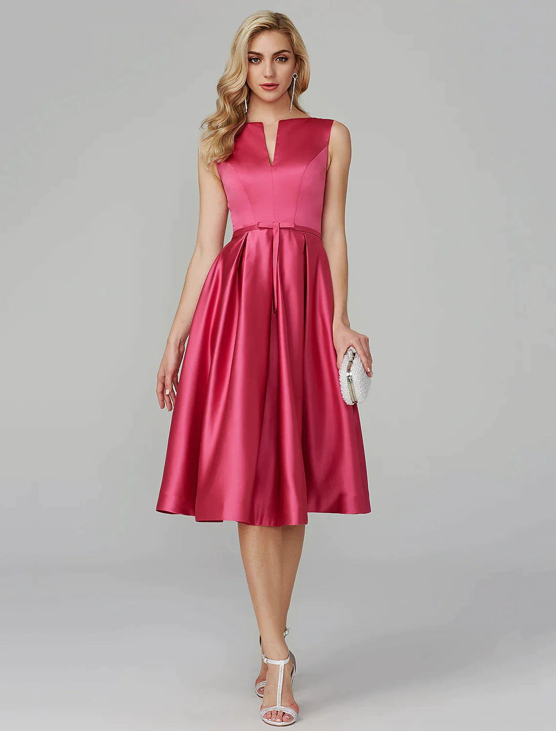 A-Line Party Dress Wedding Knee Length Sleeveless V Satin with Sash Ribbon Tunics Travel practical