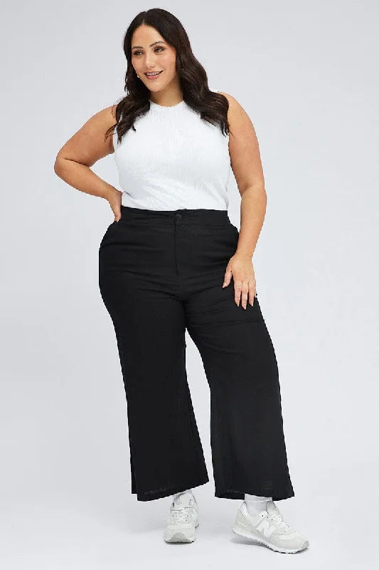 Black Wide Leg Pants Linen Blend Button Front Modern Stretch Trousers