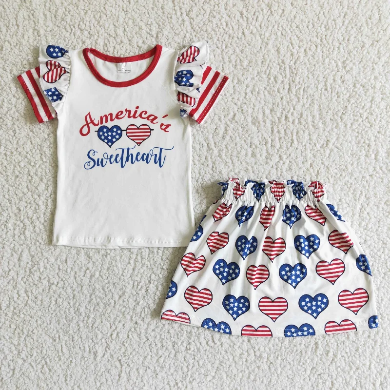 Clearance GSSO0051 Girls American National Day love short sleeve skirt suit high quality slim fit skirt