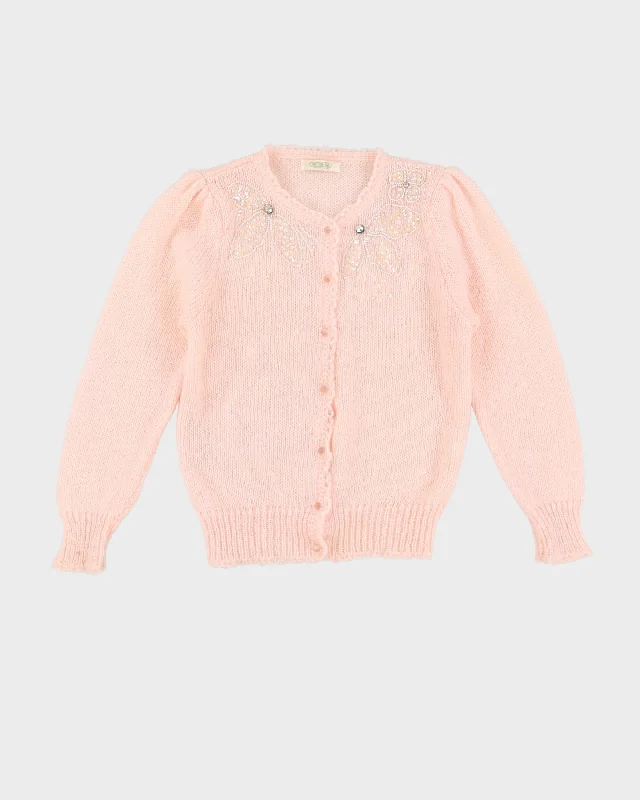 Vintage 1990s Pink Mohair Cardigan - M Polka Dot Checkered Tartan