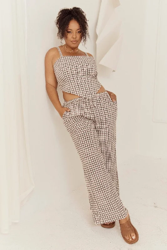Brown Geo Wide Leg Pants High Rise Formal Linen Trousers