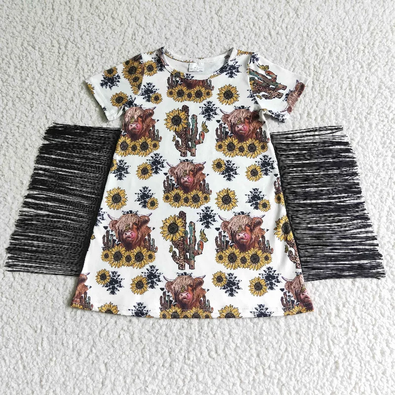 Clearance GSD0084 Girls alpine cow cactus sunflower fringe short-sleeved skirt silk skirt lustrous