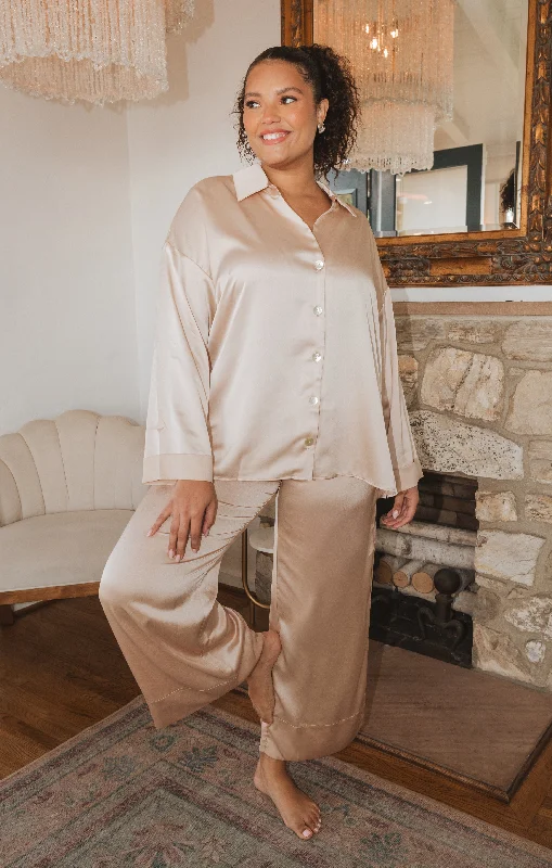 Prep Time Pants ~ Champagne Luxe Satin Trendy Wide-Leg Pants