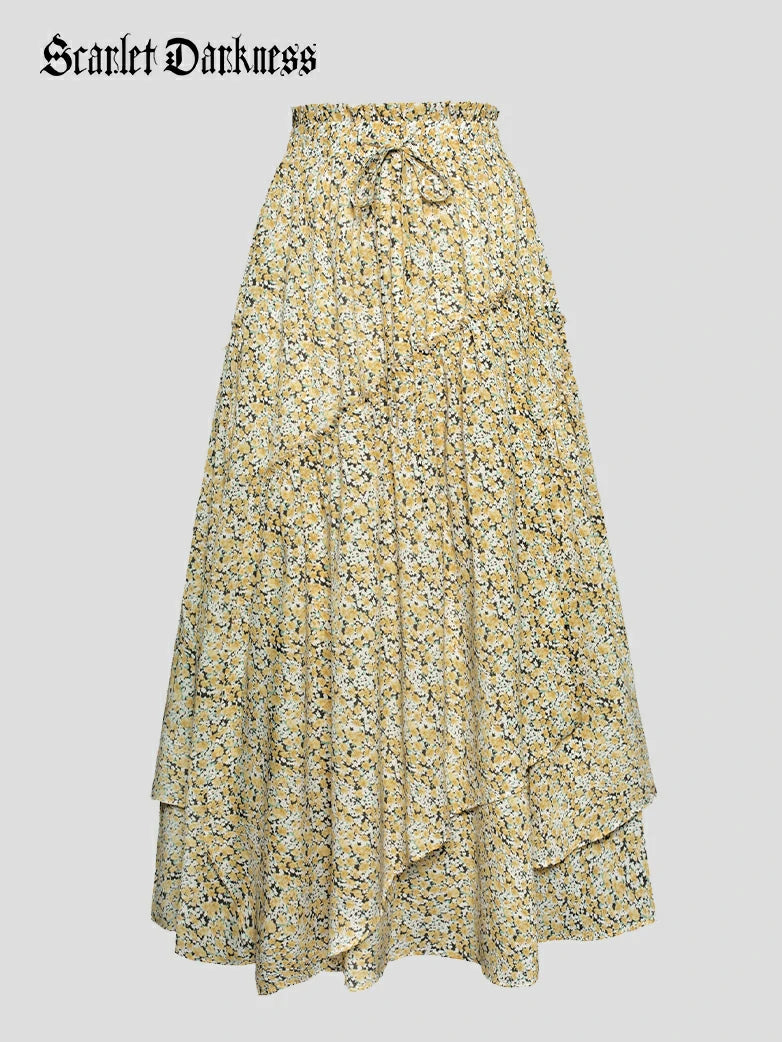 Renaissance Boho Overlay Drawstring Swing Skirt ribbed skirt waist