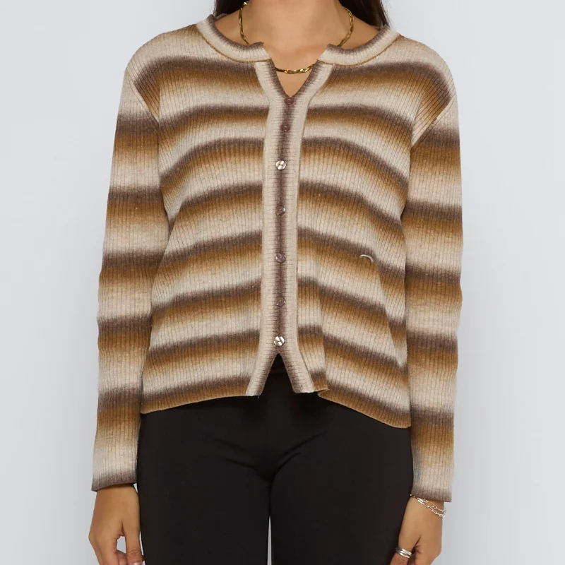 Ribbed Zip Striped Cardigan - UK 12 Toggled Drawstring Belted