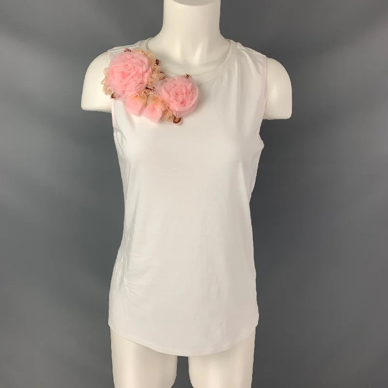 BADGLEY MISCHKA Size XS White Pink Flower Pins Cotton Tank Blouse bright tank top