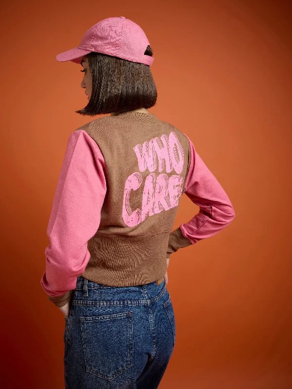 Women Brown WHO CARES Color Block Crop Jacket Hoodie Zip-Up Jacket Button-Up Jacket