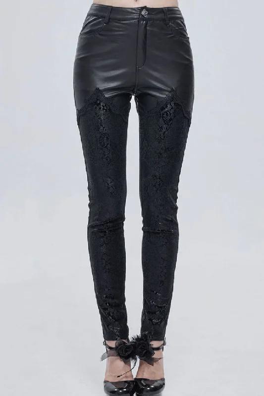 Black Gothic Metal Rose Button Leather Lace Panel Slim Fit Women's Long Pants Sleek Black Pants