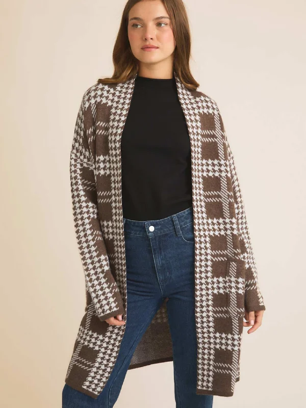 Camel Houndstooth Cardigan Silk Blend Satin Velvet