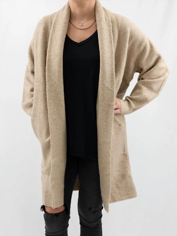 Beige Long Foldover Collar Cardigan Anti-Pilling Anti-Shrink Durable