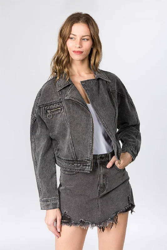 Women's Oversized Moto Biker Denim Jacket Plaid Jacket Tartan Jacket Houndstooth Jacket