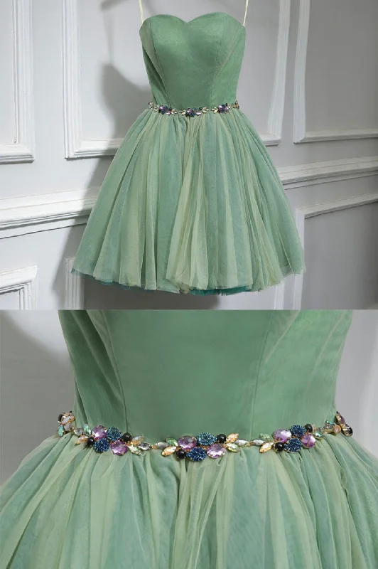 Green Strapless Tulle Short Prom Dress, A-Line Evening Party Dress Tunics Lace romantic