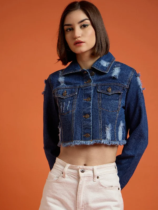 Women Navy Distressed Denim Crop Jacket Elasticated Jacket Padded Jacket Insulated Jacket Women Navy Distressed Denim Crop Jacket Elasticated Jacket Padded Jacket Insulated Jacket