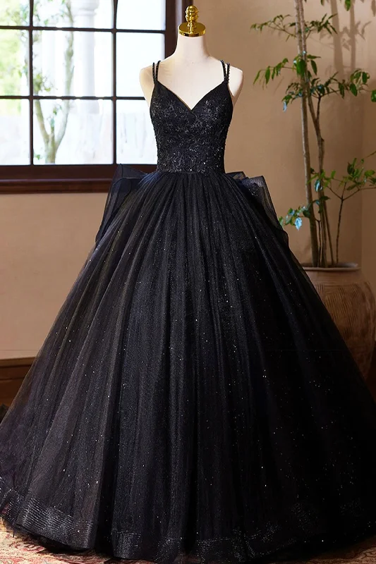 Black V-Neck Tulle Lace Prom Dress, Gorgeous A-Line Evening Party Dress Tunics Modern contemporary