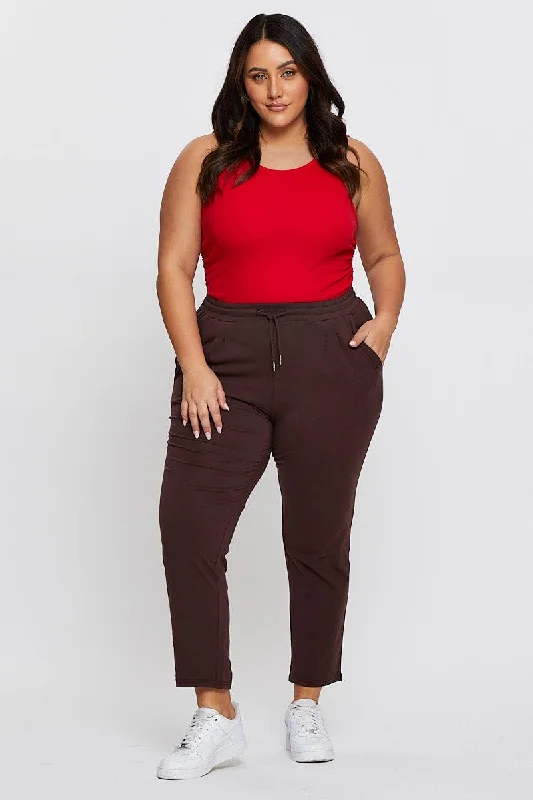 Brown Track Pants Mid Rise Drawstring Relaxed Casual Leggings
