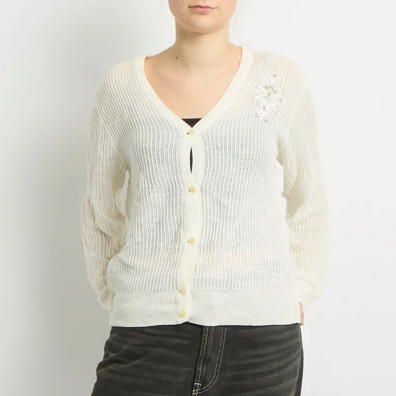 Open Knit Embroidery Detail Cardigan - UK 16 Anti-Pilling Anti-Shrink Durable