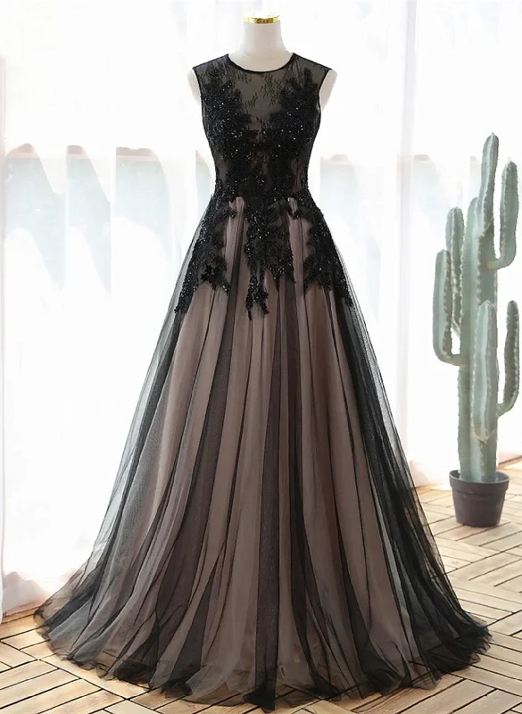 A-line Tulle with Lace Round Neckline Floor Length Party Dress, Black Prom Dress Tunics Sophisticated sleek