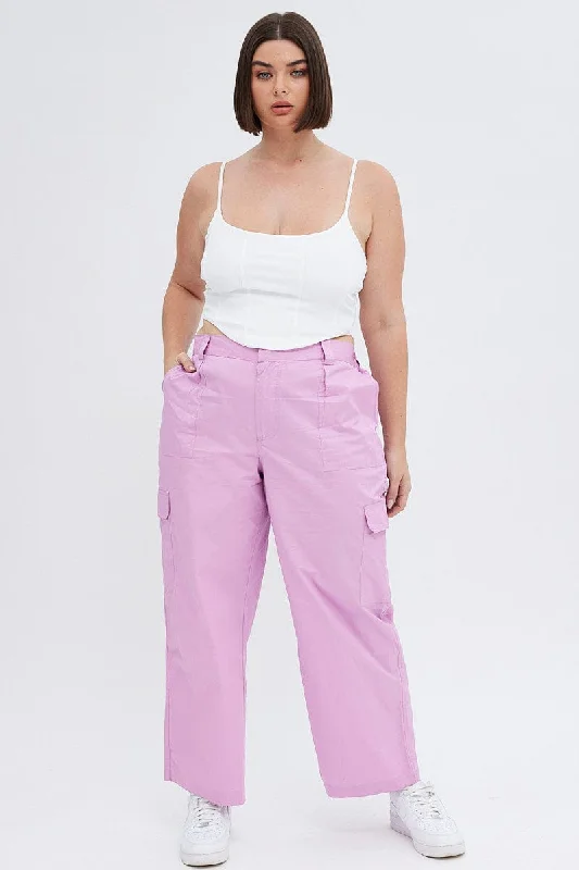Pink Elastic Back Waist Cargo Pant Chic Wool Trousers