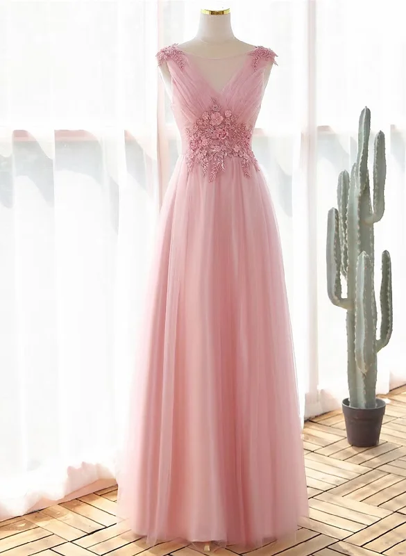 Pink Tulle V-neckline with Lace Long Party Dress, Pink Tulle Prom Dress Tunics Stylish modern