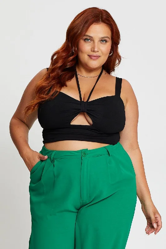 Black Tank Top Keyhole Halter Detail Sleeveless Cotton open back tank