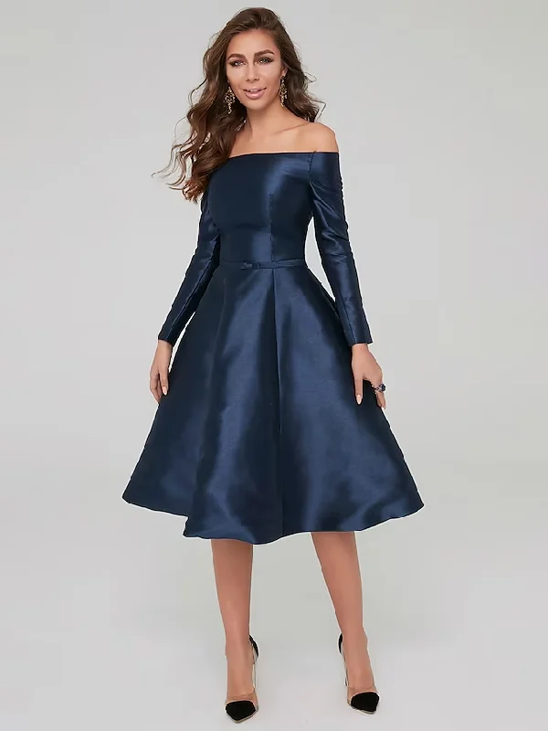 A-Line Special Occasion Dresses Party Dress Wedding Guest Knee Length Long Sleeve Off Shoulder Satin with Pleats Tunics Running lightweight
